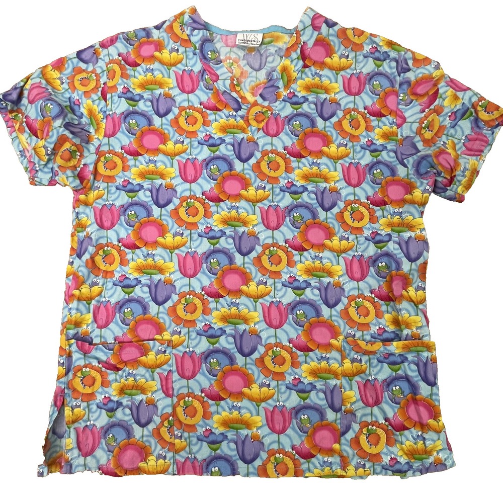 White Swan Womens Small Scrub Top Novelty Short Sleeve Shirt Tulips Flowers Bugs